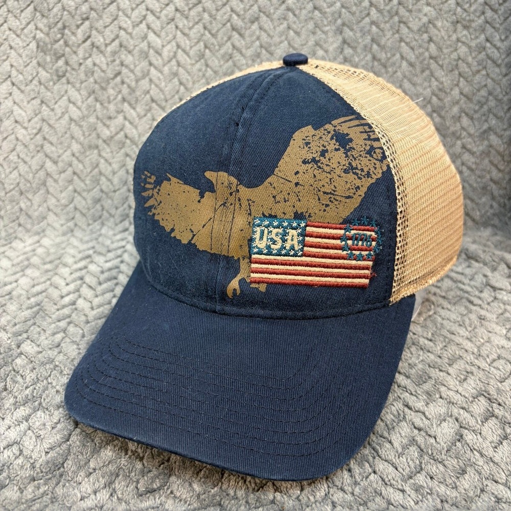 Signatures USA Flag Eagle Trucker Hat Navy Blue Tan Mesh Snapback Cap